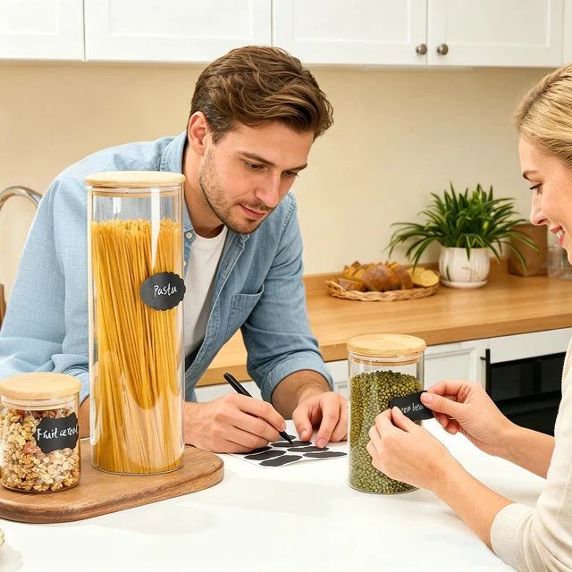 Alt view image 4 of 6 - 74oz/27oz/20oz Glass Food Jars with Airtight Bamboo Lids, 3 Pack | Glass Pantry Storage Containers for Pasta, Nuts, Coffee Beans, Cereal, Canisters Set for Pantry Organization, BPA Free