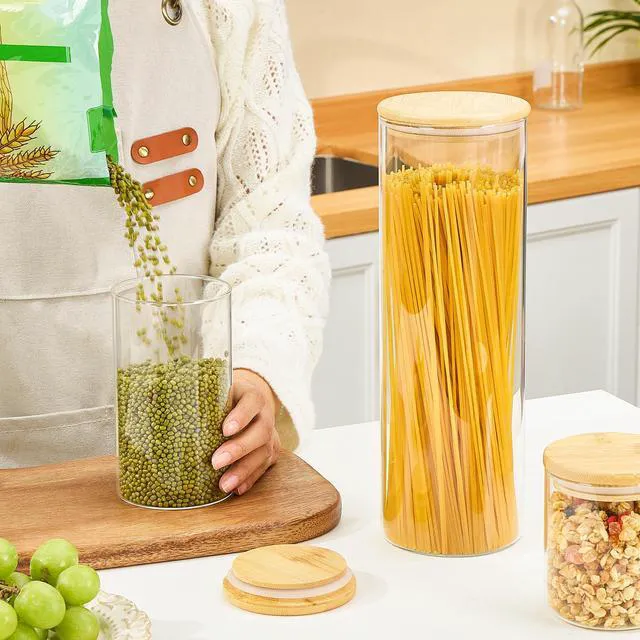 Alt view image 5 of 6 - 74oz/27oz/20oz Glass Food Jars with Airtight Bamboo Lids, 3 Pack | Glass Pantry Storage Containers for Pasta, Nuts, Coffee Beans, Cereal, Canisters Set for Pantry Organization, BPA Free