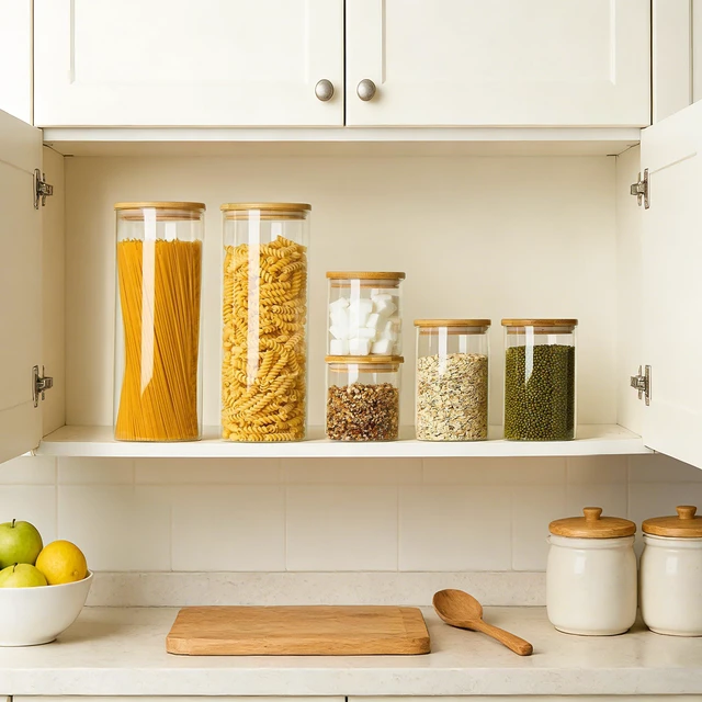 Alt view image 3 of 6 - 74oz/27oz/20oz Glass Food Jars with Airtight Bamboo Lids, 3 Pack | Glass Pantry Storage Containers for Pasta, Nuts, Coffee Beans, Cereal, Canisters Set for Pantry Organization, BPA Free