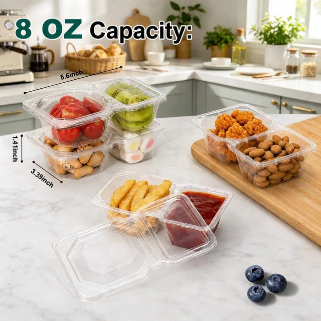 Alt view image 4 of 7 - 8 oz Snack Containers with Lids, Disposable, Clear, 10 Sets | 2 Compartments, Stackable, Portion Control, Meal Prep, to go Meal Dipping Sauce Snack Pack Boxes Containers