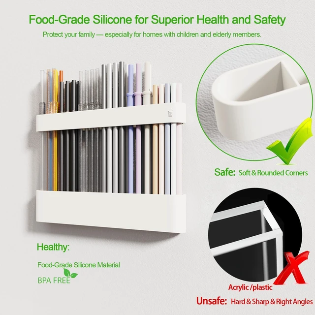 Alt view image 2 of 7 - Straw Holder for Cabinet Door, Silicone Straw Organizer for Cabinet Door, Kitchen Cabinet Organizer Reusable Straws Dispenser for Home Kitchen Accessories (White)
