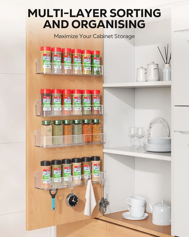 Alt view image 2 of 7 - Spice Rack Wall Mount, 4 Pack Clear, 2" Depth, Screw/Adhesive | Wall-Mounted with Removable Hooks Saves Counter Space, Fits 2" Deep Jars, Ideal for Kitchen Cabinets, Pantry Doors, and RVs