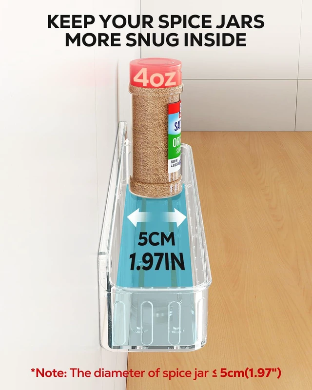 Alt view image 4 of 7 - Spice Rack Wall Mount, 4 Pack Clear, 2" Depth, Screw/Adhesive | Wall-Mounted with Removable Hooks Saves Counter Space, Fits 2" Deep Jars, Ideal for Kitchen Cabinets, Pantry Doors, and RVs
