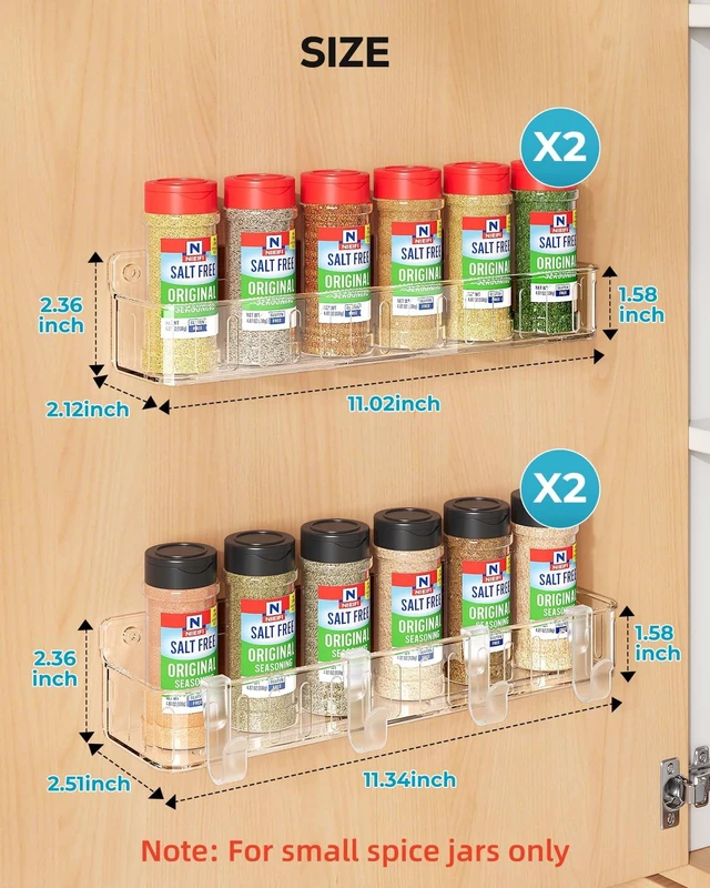 Alt view image 3 of 7 - Spice Rack Wall Mount, 4 Pack Clear, 2" Depth, Screw/Adhesive | Wall-Mounted with Removable Hooks Saves Counter Space, Fits 2" Deep Jars, Ideal for Kitchen Cabinets, Pantry Doors, and RVs