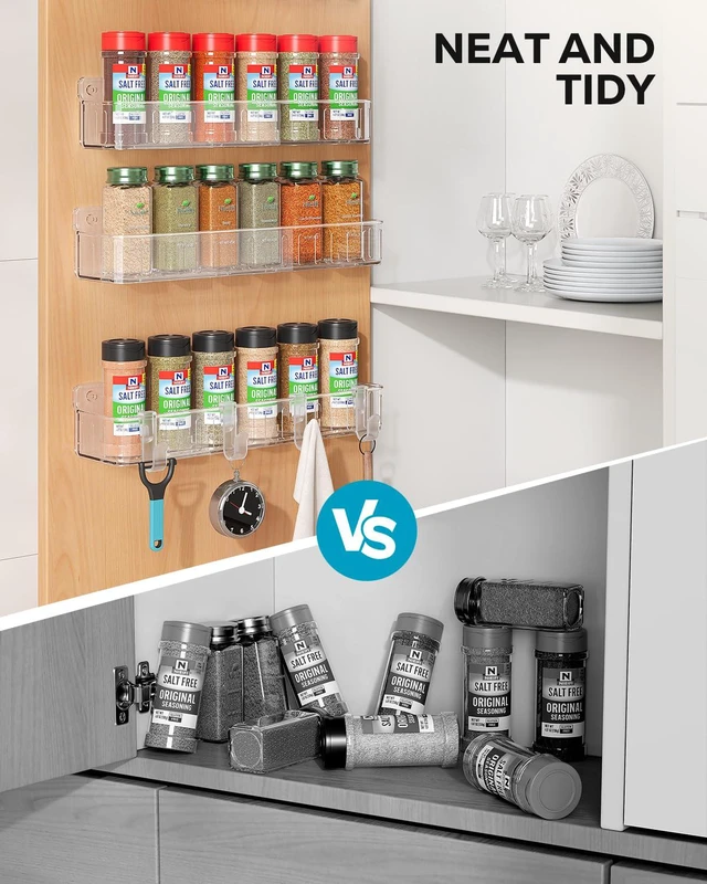 Alt view image 5 of 7 - Spice Rack Wall Mount, 4 Pack Clear, 2" Depth, Screw/Adhesive | Wall-Mounted with Removable Hooks Saves Counter Space, Fits 2" Deep Jars, Ideal for Kitchen Cabinets, Pantry Doors, and RVs