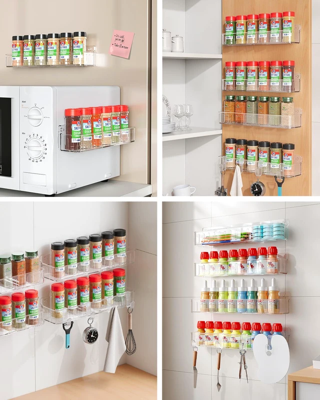 Alt view image 6 of 7 - Spice Rack Wall Mount, 4 Pack Clear, 2" Depth, Screw/Adhesive | Wall-Mounted with Removable Hooks Saves Counter Space, Fits 2" Deep Jars, Ideal for Kitchen Cabinets, Pantry Doors, and RVs