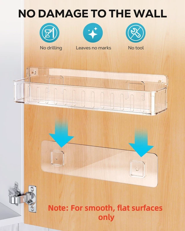 Alt view image 7 of 7 - Spice Rack Wall Mount, 4 Pack Clear, 2" Depth, Screw/Adhesive | Wall-Mounted with Removable Hooks Saves Counter Space, Fits 2" Deep Jars, Ideal for Kitchen Cabinets, Pantry Doors, and RVs