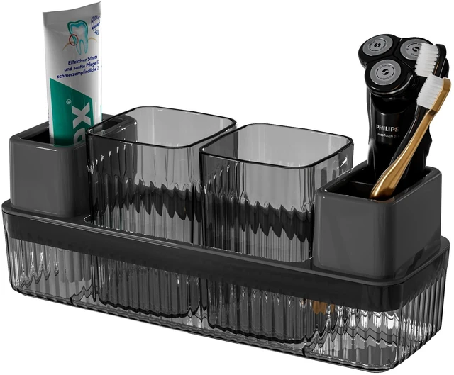 Main image of Toothbrush Holder for Bathrooms, 2 Cups Toothbrush Organizer for Bathroom Countertop, Toothbrush Holder Toothbrush Storage for Shower, Tooth Brushing Holder Cup Tray and Toothpaste Caddy Black