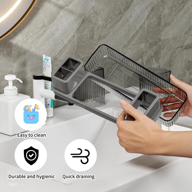 Alt view image 2 of 6 - Toothbrush Holder for Bathrooms, 2 Cups Toothbrush Organizer for Bathroom Countertop, Toothbrush Holder Toothbrush Storage for Shower, Tooth Brushing Holder Cup Tray and Toothpaste Caddy Black