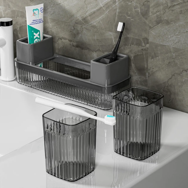 Alt view image 4 of 6 - Toothbrush Holder for Bathrooms, 2 Cups Toothbrush Organizer for Bathroom Countertop, Toothbrush Holder Toothbrush Storage for Shower, Tooth Brushing Holder Cup Tray and Toothpaste Caddy Black