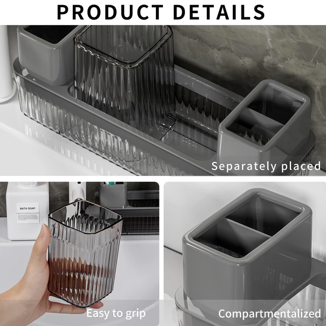 Alt view image 5 of 6 - Toothbrush Holder for Bathrooms, 2 Cups Toothbrush Organizer for Bathroom Countertop, Toothbrush Holder Toothbrush Storage for Shower, Tooth Brushing Holder Cup Tray and Toothpaste Caddy Black