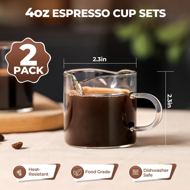Alt view image 2 of 6 - 4 Oz Espresso Cups Set of 2 Double Spout with Handle Coffee Bar Accessories | Food-grade clear durable glass, Easy to clean, Smooth pouring, Ideal for coffee, desserts and salad dressing