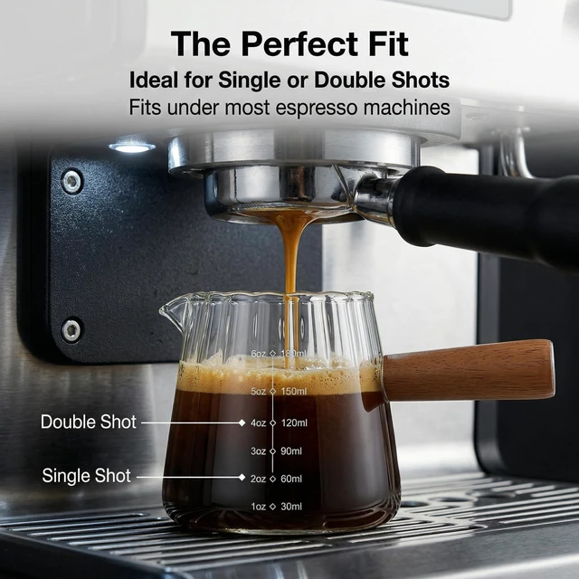 Alt view image 2 of 7 - 6 oz Espresso Cups With Wood Handle, Espresso Accessories, Ribbed Milk Frothing Pitcher, Glass Measuring Cup, Shot Glass with V-Shaped Mouth, Coffee Bar Epresso Shots Cup