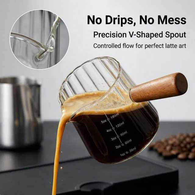 Alt view image 4 of 7 - 6 oz Espresso Cups With Wood Handle, Espresso Accessories, Ribbed Milk Frothing Pitcher, Glass Measuring Cup, Shot Glass with V-Shaped Mouth, Coffee Bar Epresso Shots Cup