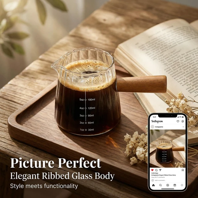 Alt view image 6 of 7 - 6 oz Espresso Cups With Wood Handle, Espresso Accessories, Ribbed Milk Frothing Pitcher, Glass Measuring Cup, Shot Glass with V-Shaped Mouth, Coffee Bar Epresso Shots Cup