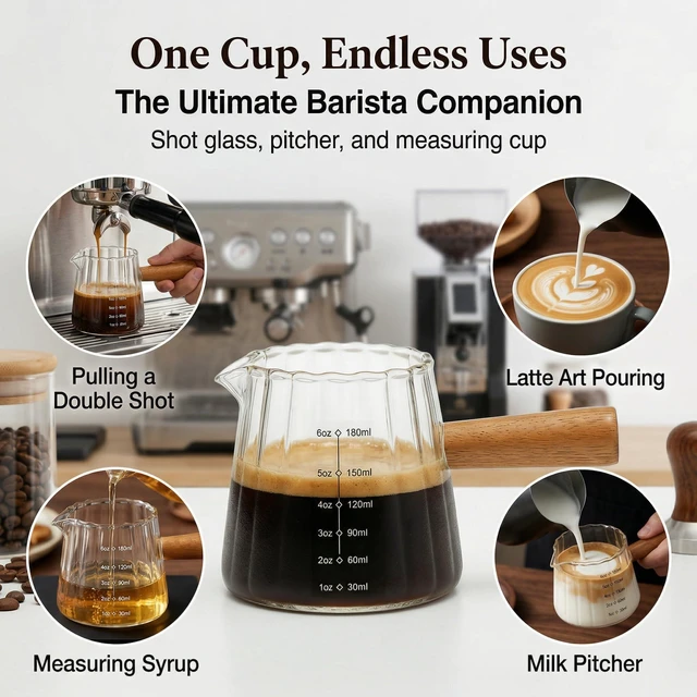 Alt view image 7 of 7 - 6 oz Espresso Cups With Wood Handle, Espresso Accessories, Ribbed Milk Frothing Pitcher, Glass Measuring Cup, Shot Glass with V-Shaped Mouth, Coffee Bar Epresso Shots Cup