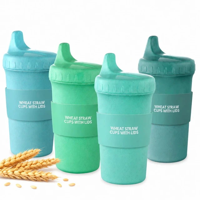 Main image of 4 Packs Wheat Straw Sippy Cups for Toddlers Kids, Reusable Plastic Spill Proof Cups for Kids Baby, Dishwasher/Microwave Safe - Unbreakable Hard Spout Sippy Cups for Toddlers