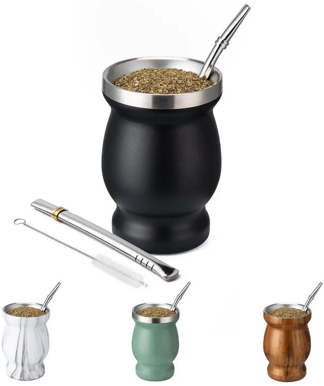 Main image of 8oz Yerba Mate Cup, 304 Stainless Steel Double-Wall Mate Cup | Heat Insulation Yerba Mate Gourd, Tea Cup Set Includes Cleaning Brush & 2 Bombillas (Black)