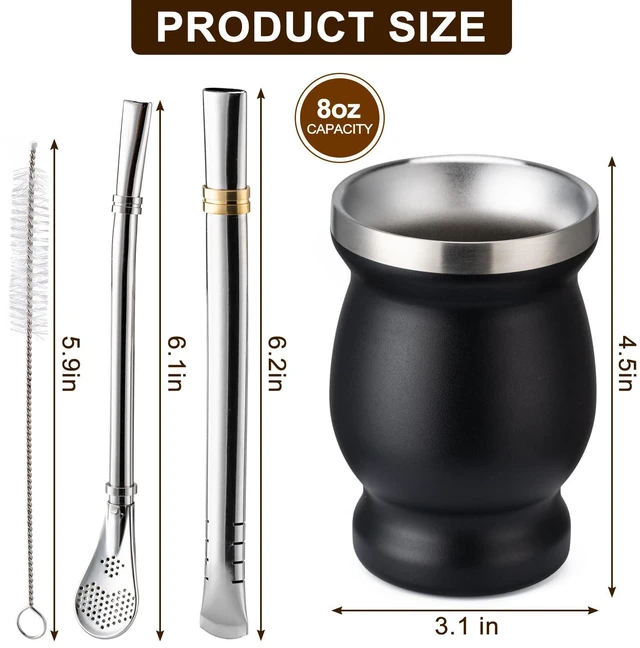 Alt view image 2 of 6 - 8oz Yerba Mate Cup, 304 Stainless Steel Double-Wall Mate Cup | Heat Insulation Yerba Mate Gourd, Tea Cup Set Includes Cleaning Brush & 2 Bombillas (Black)