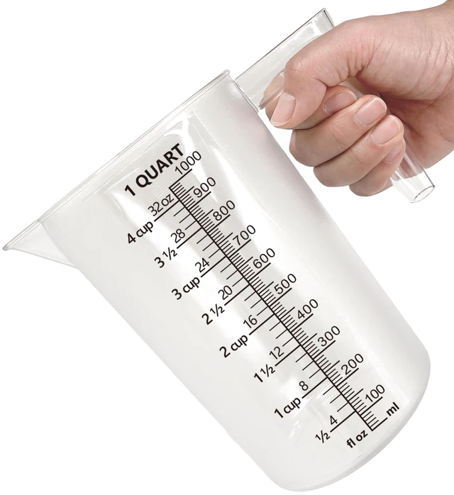 Main image of Plastic Measuring Cup with Handle, Pool Chemical Measuring Cup, Plastic Measuring Pitcher for Liquid Mixing, Pouring, Lawn Care, Pet Food, Motor Oil, Laboratory and More (32, Fluid Ounces, 1000ml)