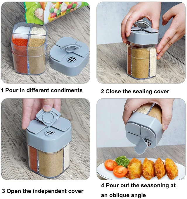Alt view image 5 of 7 - 2 Pack Spice Container Salt and Pepper Seasoning Shaker Jars White Grey | 4 in 1, for Camping, Cooking, Travel, Home, Restaurant
