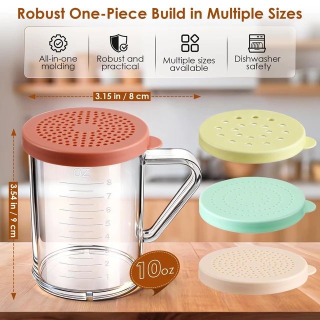 Alt view image 3 of 7 - 5 Pcs Dredge with Snap Lid, Seasoning Sugar Spice Shaker with Lids | 10 OZ Clear Spice Dredge, Dishwasher Safe, Clear PC Body, Measuring Marks, Interchangeable Lids,Fine & Coarse Seasoning