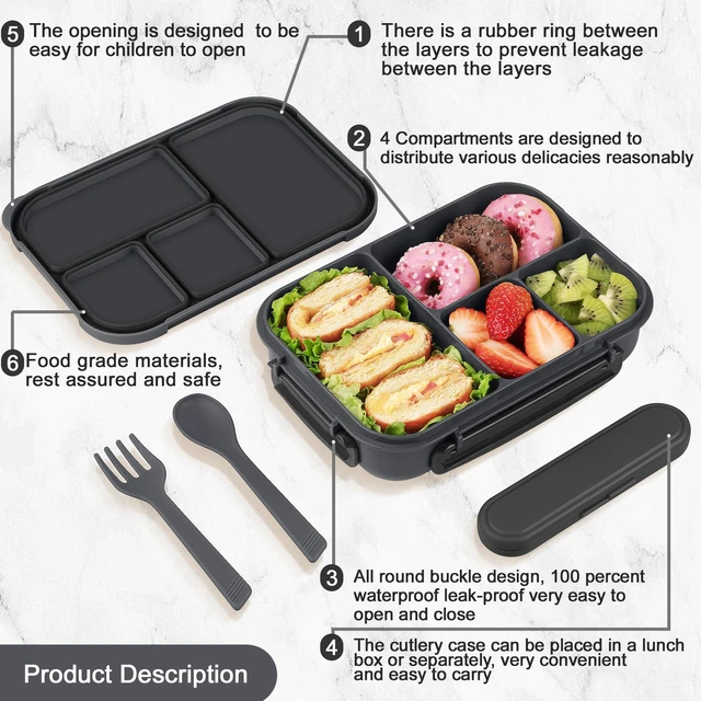 Alt view image 3 of 7 - Lunch Box Kids,Bento Box Adult,Leakproof Lunch Containers for Adults/Kids/Toddler,1200ML-4 Compartments bento Lunch box with Utensil,Microwave & Dishwasher & Freezer Safe (Dark Gray)