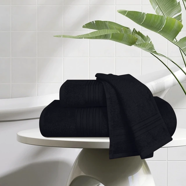 Alt view image 3 of 6 - Ultra Soft 3 Pack Cotton Towel Set, Contains a Bath Towels 28x55 inch, a Hand Towels 16x24 inch & a Wash Coths 12x12 inch, Ideal Everyday use, Compact & Lightweight - Black