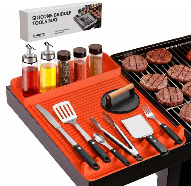 Main image of Silicone Grill Mat for Blackstone Griddles & Outdoor Grills - Heat Resistant (450°F) Countertop Protector, Non-Slip Tool Organizer & Grease Catcher, 16x11.5 Inch(Orange)
