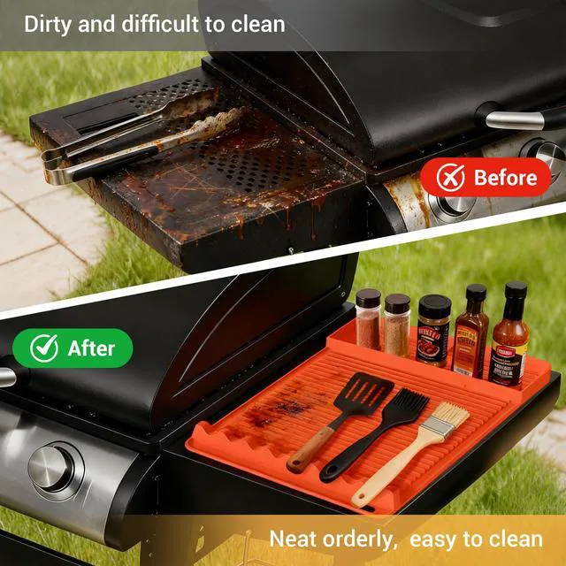 Alt view image 3 of 7 - Silicone Grill Mat for Blackstone Griddles & Outdoor Grills - Heat Resistant (450°F) Countertop Protector, Non-Slip Tool Organizer & Grease Catcher, 16x11.5 Inch(Orange)