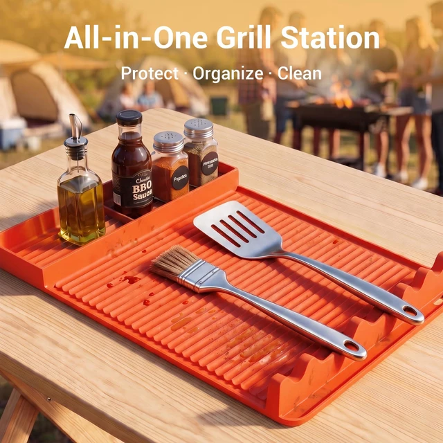 Alt view image 6 of 7 - Silicone Grill Mat for Blackstone Griddles & Outdoor Grills - Heat Resistant (450°F) Countertop Protector, Non-Slip Tool Organizer & Grease Catcher, 16x11.5 Inch(Orange)