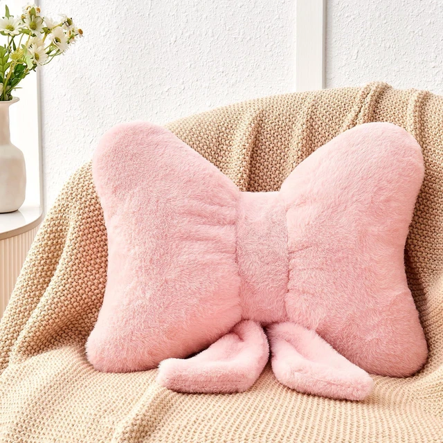 Main image of Pink Bow Pillow,12'' Bow Shaped Pillow with Faux Rabbit Fur,Soft Bow Throw Pillows Aesthetic Bow Decorative Pillows for Bed Sofa Couch Home Decor