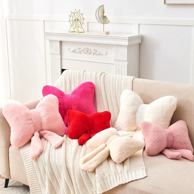 Alt view image 3 of 7 - Pink Bow Pillow,12'' Bow Shaped Pillow with Faux Rabbit Fur,Soft Bow Throw Pillows Aesthetic Bow Decorative Pillows for Bed Sofa Couch Home Decor