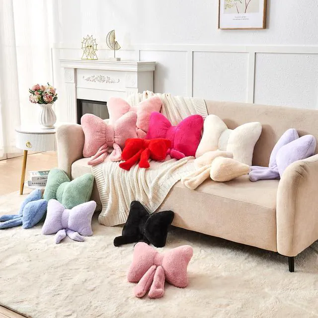 Alt view image 5 of 7 - Pink Bow Pillow,12'' Bow Shaped Pillow with Faux Rabbit Fur,Soft Bow Throw Pillows Aesthetic Bow Decorative Pillows for Bed Sofa Couch Home Decor