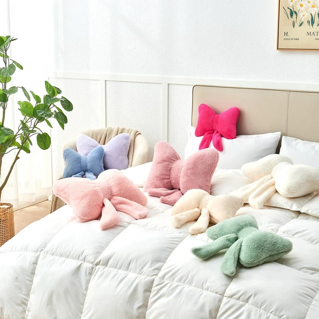 Alt view image 6 of 7 - Pink Bow Pillow,12'' Bow Shaped Pillow with Faux Rabbit Fur,Soft Bow Throw Pillows Aesthetic Bow Decorative Pillows for Bed Sofa Couch Home Decor
