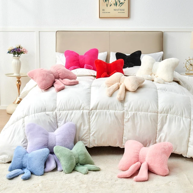 Alt view image 7 of 7 - Pink Bow Pillow,12'' Bow Shaped Pillow with Faux Rabbit Fur,Soft Bow Throw Pillows Aesthetic Bow Decorative Pillows for Bed Sofa Couch Home Decor