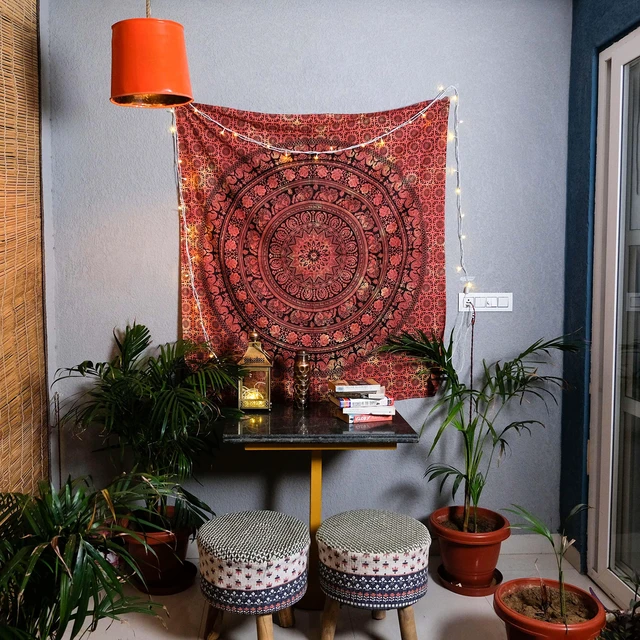 Alt view image 3 of 5 - Cotton Mandala Tapestry, Yoga Wall Hanging Decor, 30x40 In | Orange Mandala Cotton Tapestry Wall Hanging, Bedspread, Beach Blanket, Yoga & Meditation Decor; Soft, Lightweight, Washable