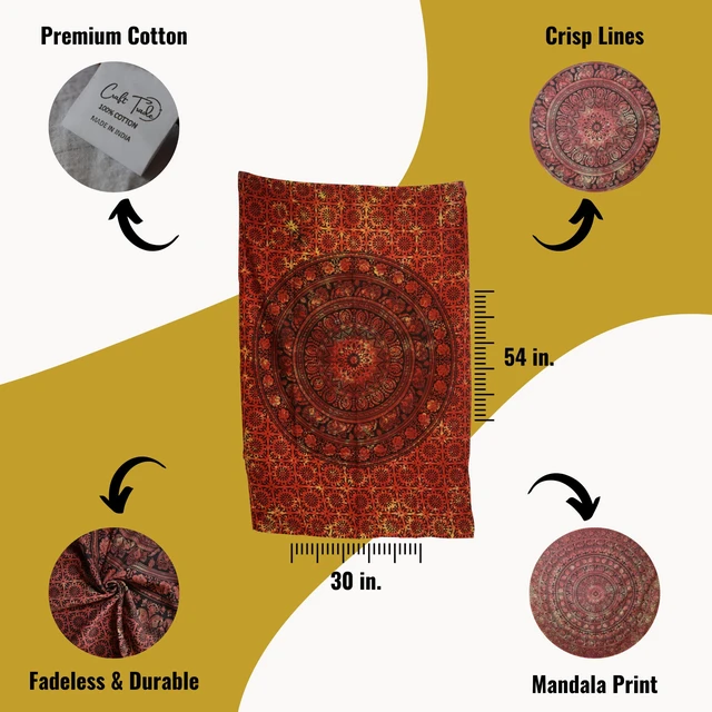 Alt view image 4 of 5 - Cotton Mandala Tapestry, Yoga Wall Hanging Decor, 30x40 In | Orange Mandala Cotton Tapestry Wall Hanging, Bedspread, Beach Blanket, Yoga & Meditation Decor; Soft, Lightweight, Washable