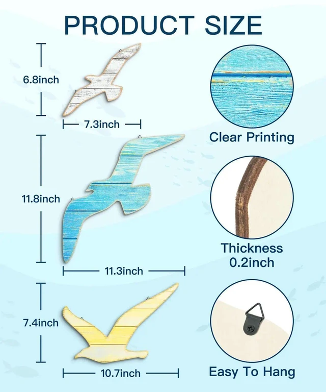 Alt view image 2 of 7 - 3pcs Wood Seagull Wall Decor Beach Wall Hanging Coastal Theme Wall Art Nautical Wall Sculpture Sea Birds Lake House Ocean Decor Vintage Ornaments for Home Bathroom