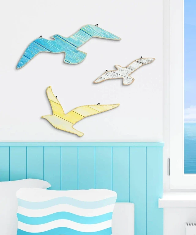 Alt view image 3 of 7 - 3pcs Wood Seagull Wall Decor Beach Wall Hanging Coastal Theme Wall Art Nautical Wall Sculpture Sea Birds Lake House Ocean Decor Vintage Ornaments for Home Bathroom