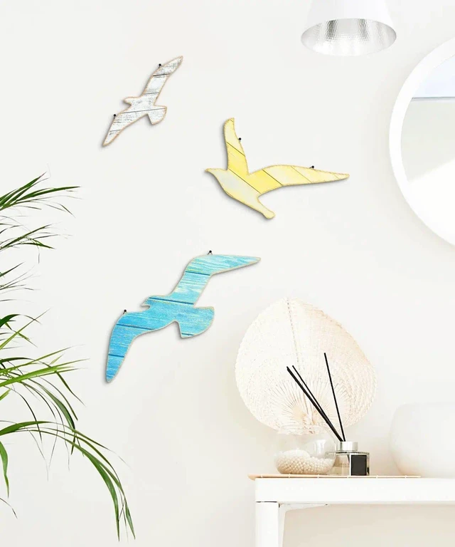 Alt view image 6 of 7 - 3pcs Wood Seagull Wall Decor Beach Wall Hanging Coastal Theme Wall Art Nautical Wall Sculpture Sea Birds Lake House Ocean Decor Vintage Ornaments for Home Bathroom