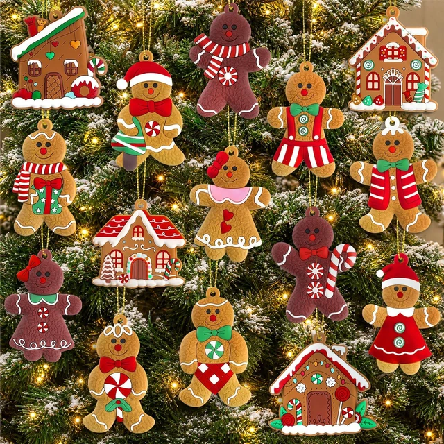 Main image of Gingerbread Man & House Ornaments for Christmas Tree Decorations | 16pcs, 3 inch tall, assorted gingerbread figurine ornaments, for Christmas tree hanging decor