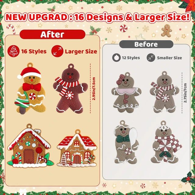 Alt view image 6 of 7 - Gingerbread Man & House Ornaments for Christmas Tree Decorations | 16pcs, 3 inch tall, assorted gingerbread figurine ornaments, for Christmas tree hanging decor