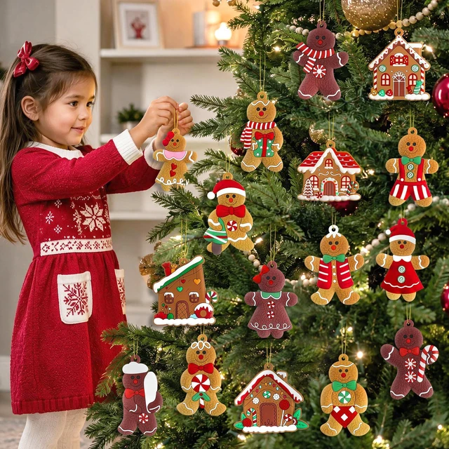 Alt view image 7 of 7 - Gingerbread Man & House Ornaments for Christmas Tree Decorations | 16pcs, 3 inch tall, assorted gingerbread figurine ornaments, for Christmas tree hanging decor