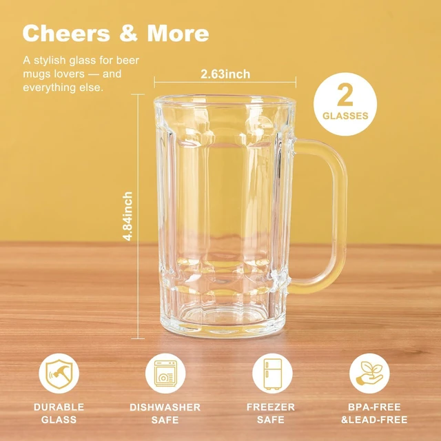 Alt view image 4 of 6 - Beer Glasses, Set of 2 Beer Mug, Clear Beer Stein 11oz, Transparent Large Beer Mugs for Freezer, Glass Beer Mug, Glass Beer Mugs with Handles Dishwasher Safe