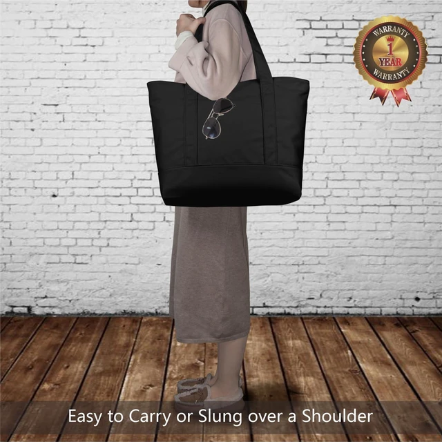 Alt view image 2 of 7 - 1-Pack Canvas Tote Bag with an External Pocket, Reusable Grocery Shopping Bag, Top Zipper Closure, Daily Essentials (Black)