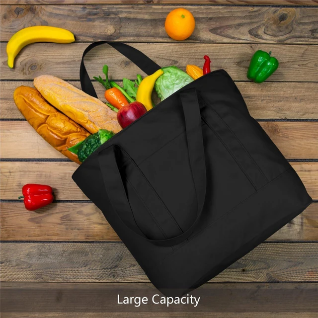 Alt view image 3 of 7 - 1-Pack Canvas Tote Bag with an External Pocket, Reusable Grocery Shopping Bag, Top Zipper Closure, Daily Essentials (Black)