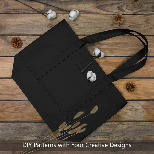 Alt view image 4 of 7 - 1-Pack Canvas Tote Bag with an External Pocket, Reusable Grocery Shopping Bag, Top Zipper Closure, Daily Essentials (Black)