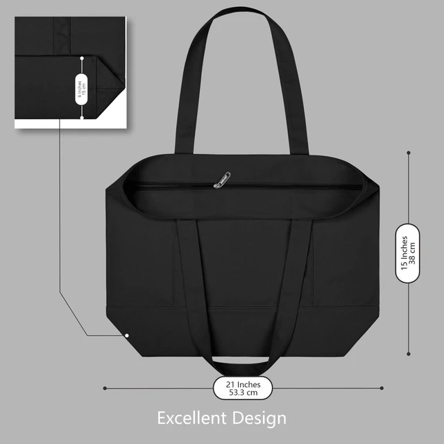 Alt view image 5 of 7 - 1-Pack Canvas Tote Bag with an External Pocket, Reusable Grocery Shopping Bag, Top Zipper Closure, Daily Essentials (Black)
