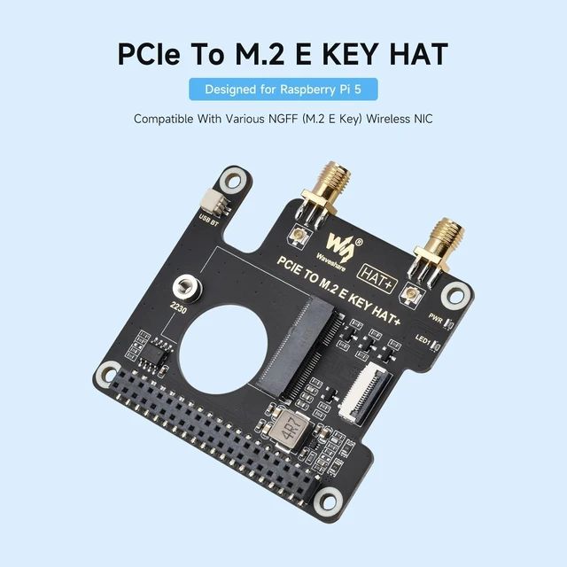 Alt view image 10 of 14 - Waveshare PCIe to M.2 E Key HAT, Compatible with Raspberry Pi 5, Support Various NGFF (M.2 E Key) Wireless NIC, Supports USB Bluetooth Connection and HAT+ Standard, Raspberry Pi 5 PCIe HAT